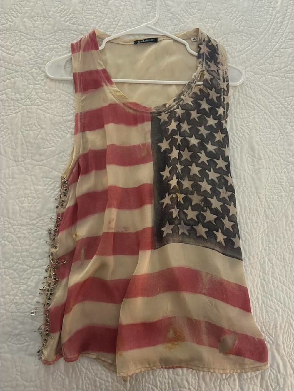 Balmain Sheer American Flag Tank Top in Red, Cream, Blue
